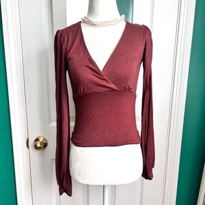 Lulus Long Sleeve V-Neck Wrap Top in Wine Color , Small
